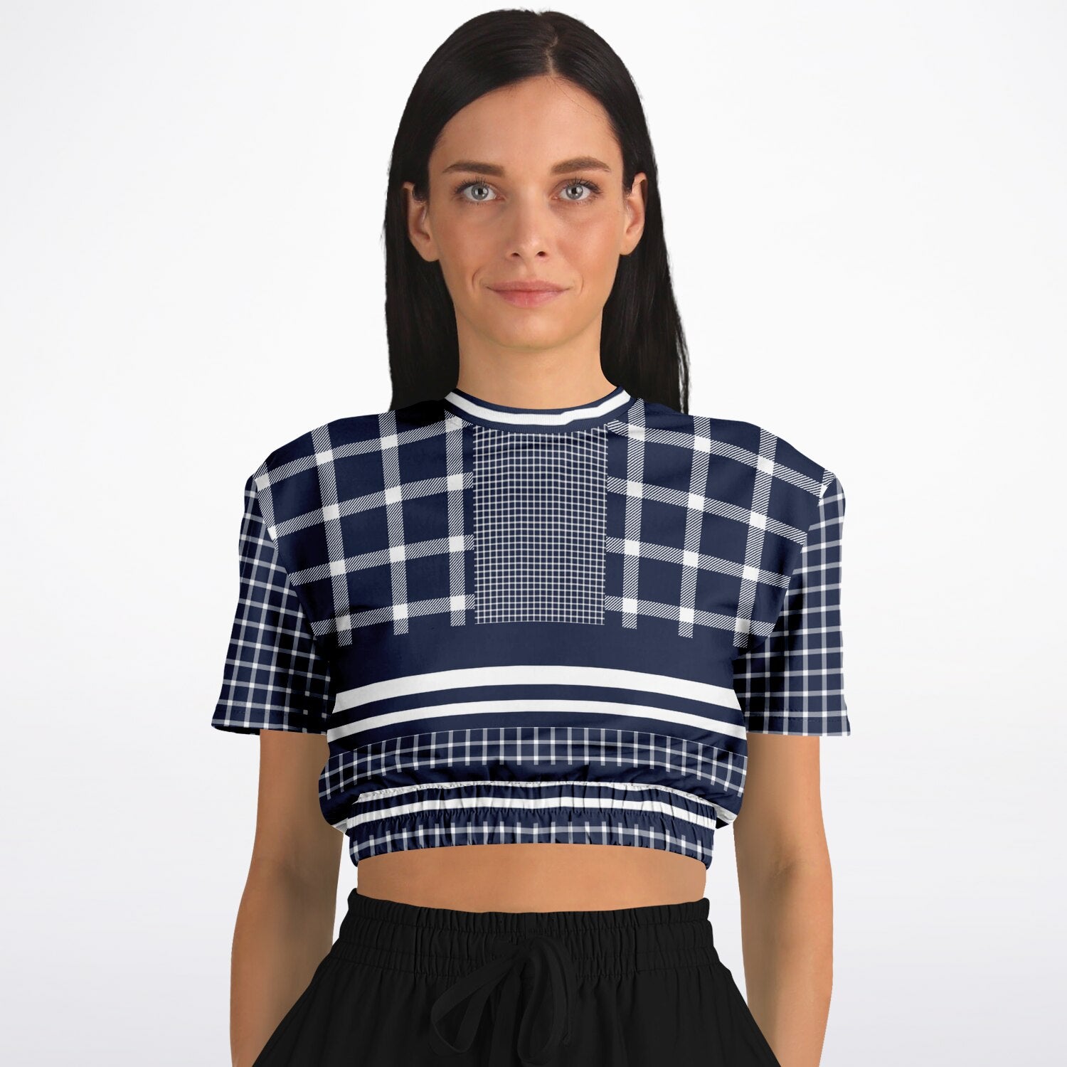 Wimbledon in Blue Plaid Eco-Poly Short Sleeve Cropped Pullover