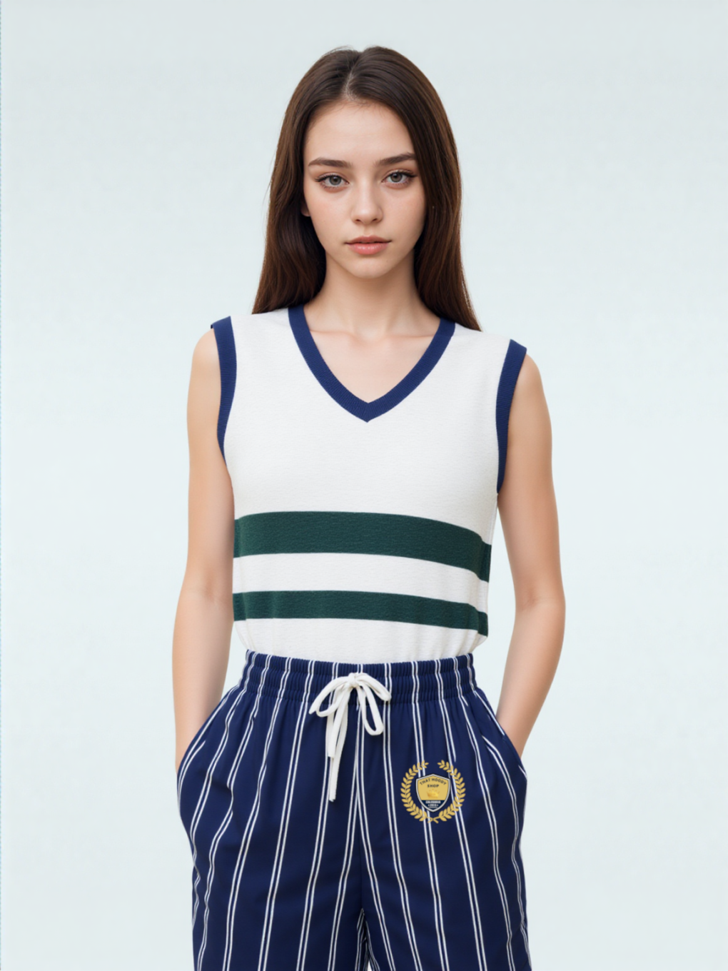Wimbledon White and Green Knitted Cotton V-neck Sweater Vest