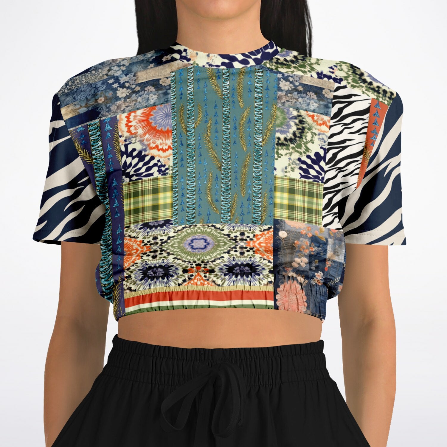 Wiosna Denim Floral Striped Patchwork Eco-Poly Short Sleeve Cropped Pullover