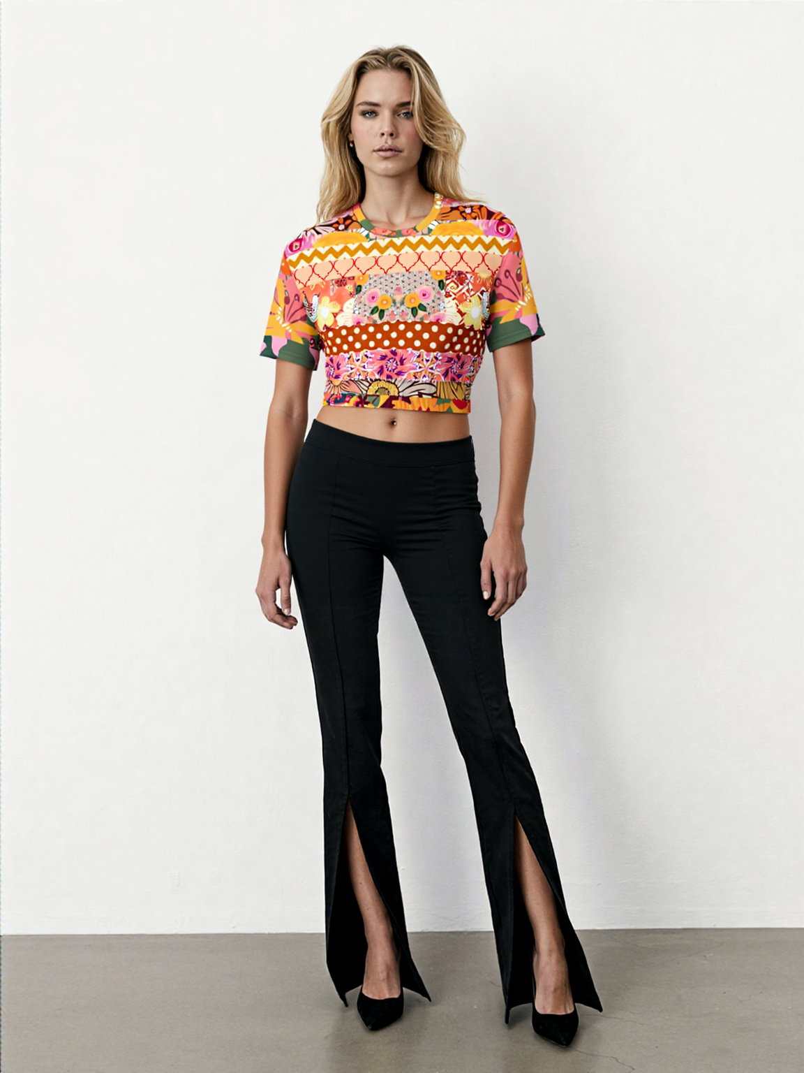 Yogananda Striped Floral Patchwork Eco-Poly Short Sleeve Cropped Pullover