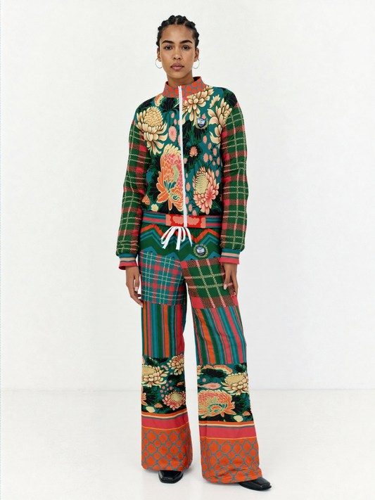 Zen Blossom Chrysanthemum Plaid Stripe Eco-Poly Wide Leg Pants
