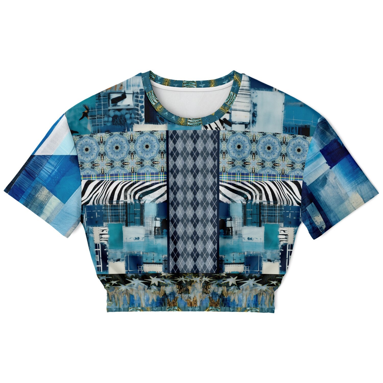 Zima in Frost Patchwork Print Eco-Poly Short Sleeve Cropped Pullover