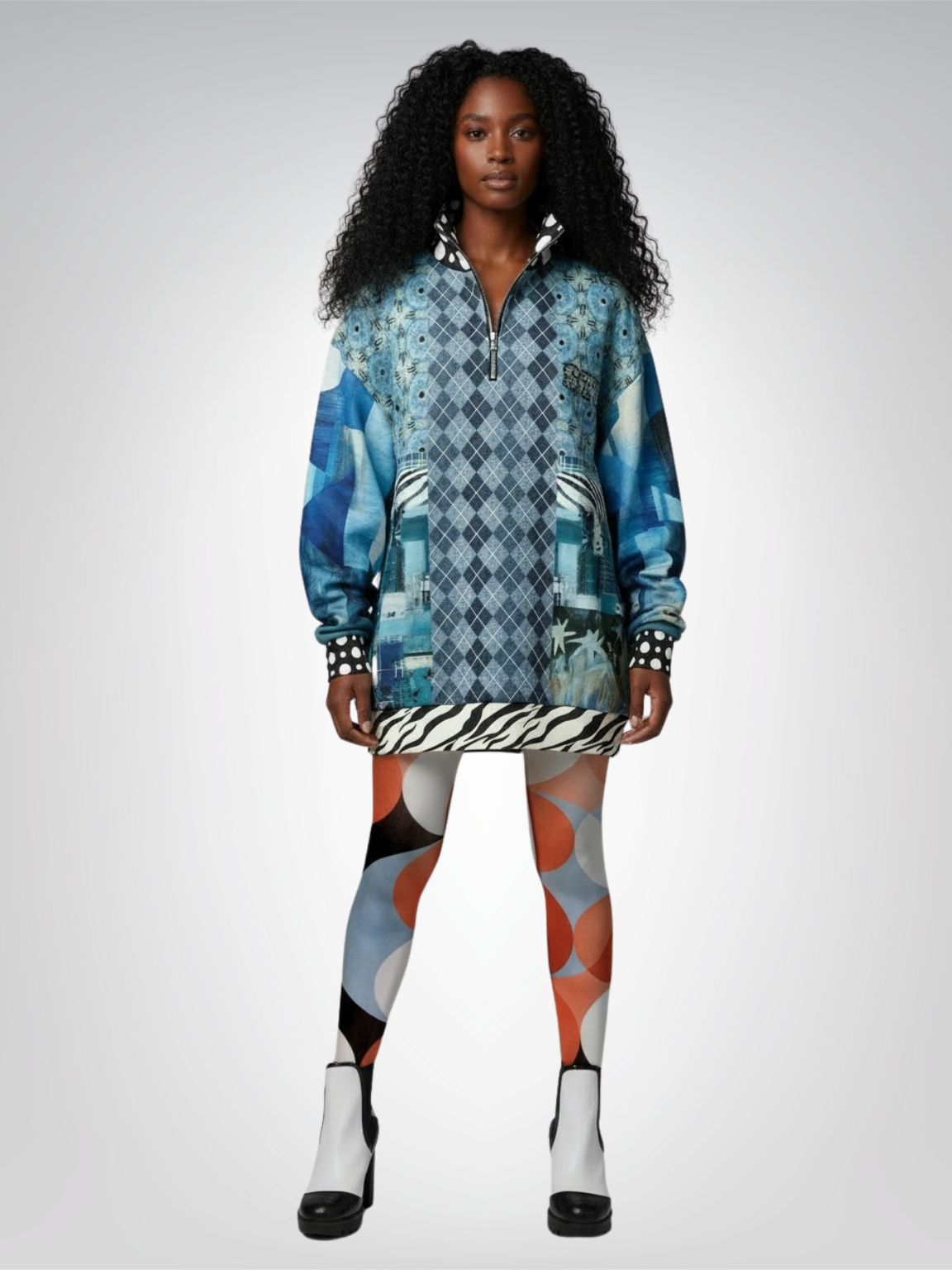 Zima in Frost Patchwork Print Heavyweight Oversized Quarter Zip Sweatshirt