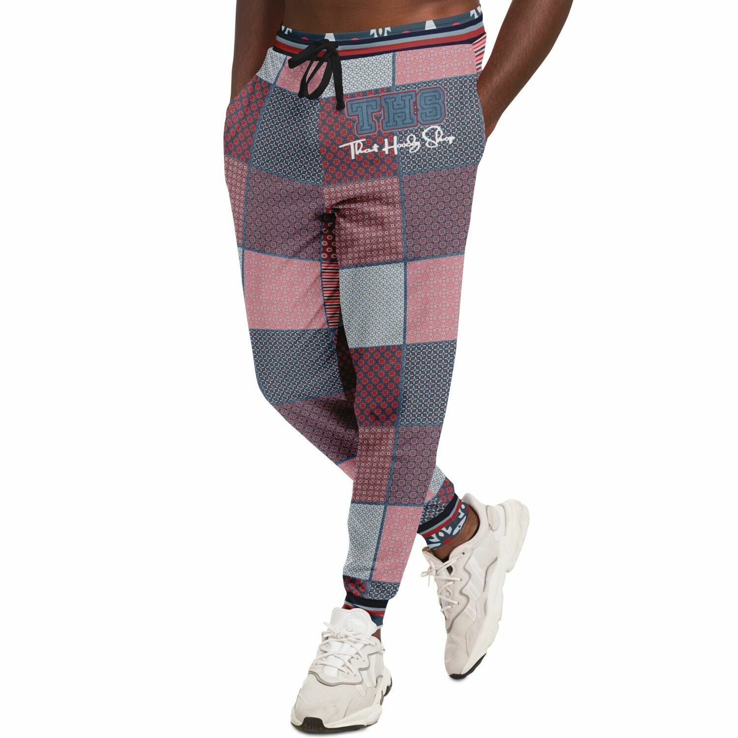 Joggers unisex de poliéster ecológico con patchwork de mezclilla Geo Montauk en rosa 