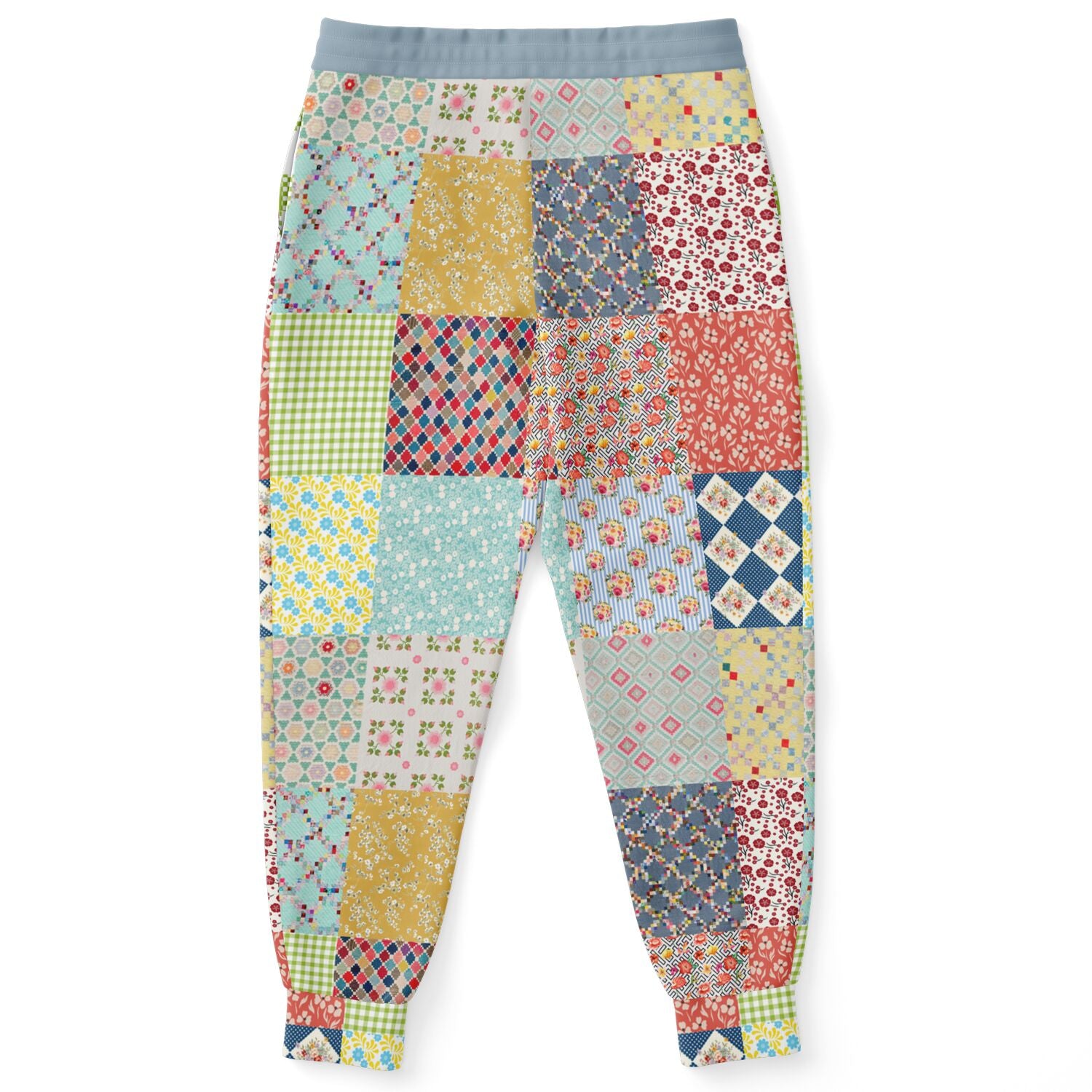 Joggers unisex de eco-poliéster con patchwork floral azul 