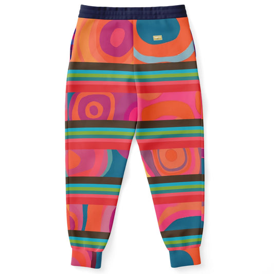 Joggers unisex de poliéster ecológico con rayas geométricas retro color brillante 