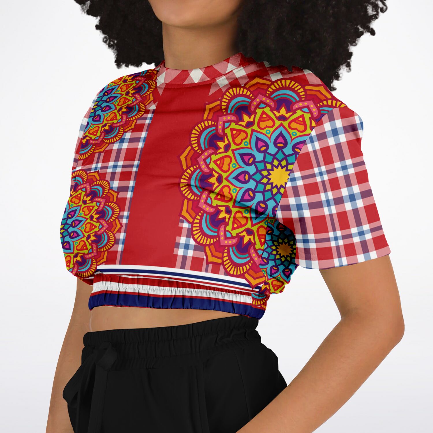 Hippy-Dippy Plaid Eco-Poly Cropped Short Sleeve Sweater