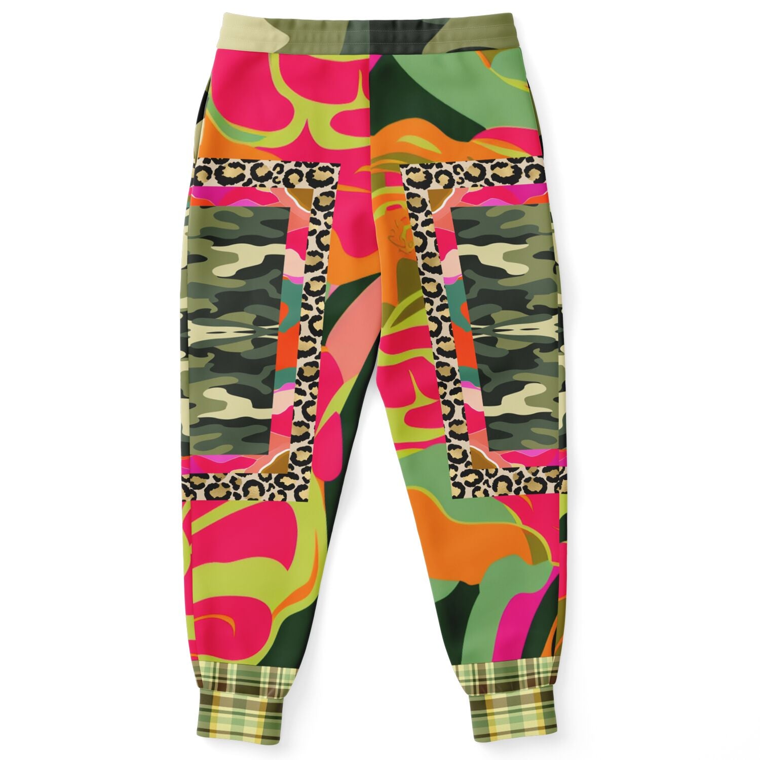 Joggers unisex de poliéster ecológico a cuadros de camuflaje floral Mardi Gras rosa 