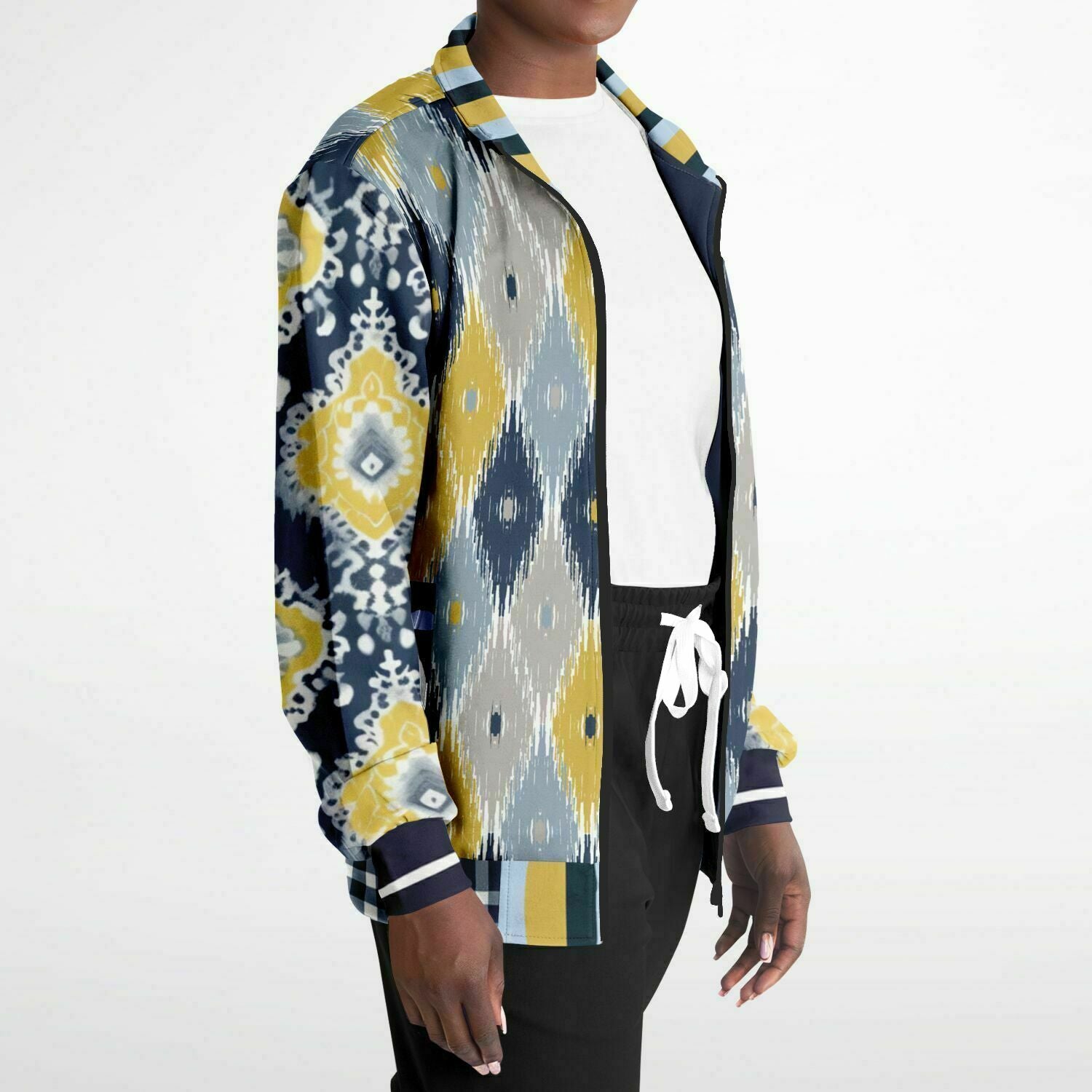 Chaqueta deportiva unisex de poliéster ecológico batik indio azul marino real y amarillo 