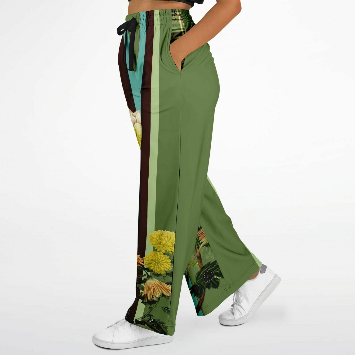 Green Caravan Striped Floral Eco-Poly Wide Leg Pants