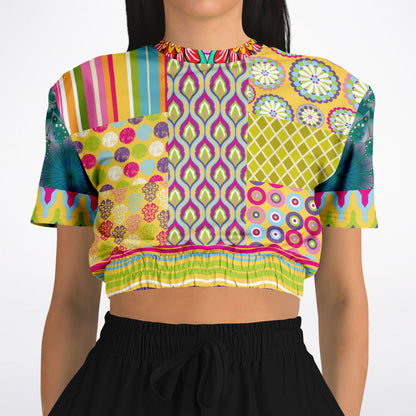Hello Janis! Green Geo Print Short Sleeve Eco-Poly Cropped Sweater