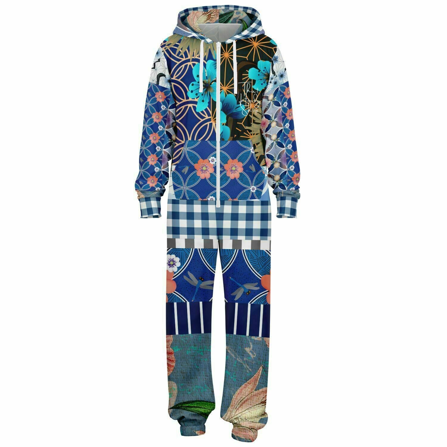 Blue Andalusian Patchwork Unisex Fleece Romper