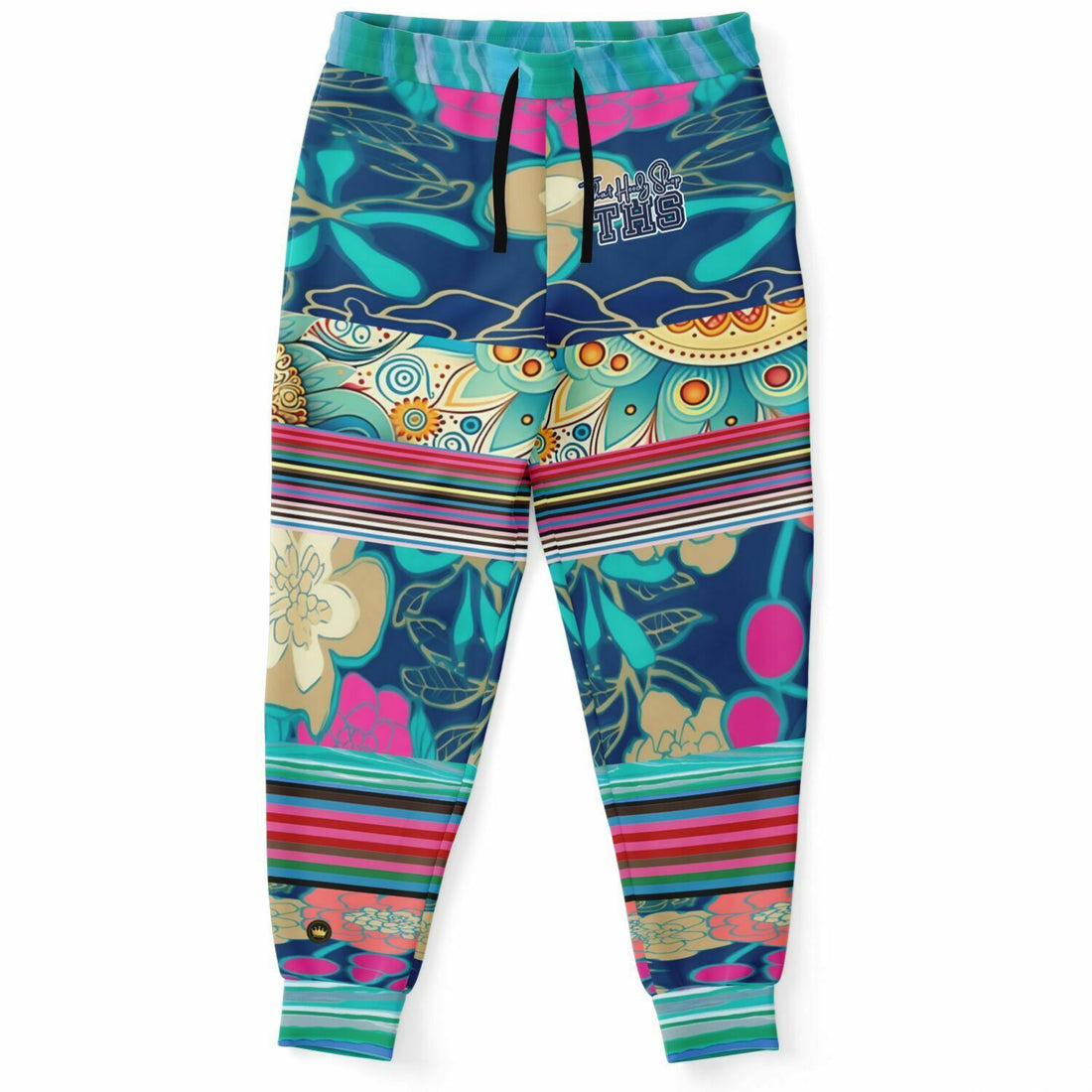 Joggers unisex de poliéster ecológico con rayas florales Cockatiel The Catamaran 