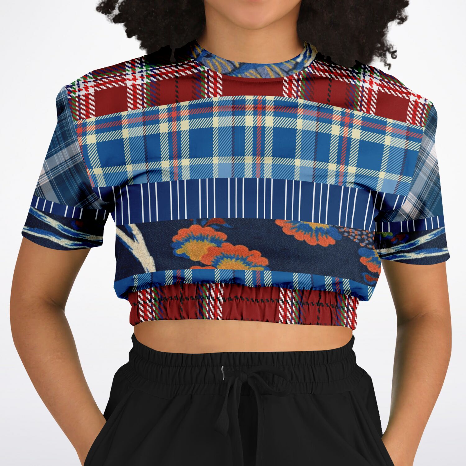 Andromeda Blue Plaid Eco-Poly Short Sleeve Cropped Sweater