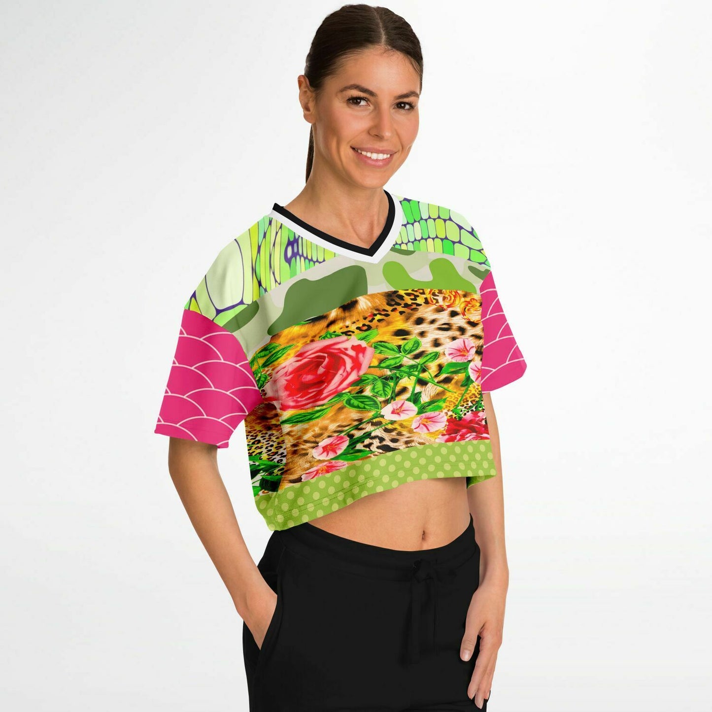 Pink Cerise Animal Print Patchwork Cropped Eco-Poly Jersey