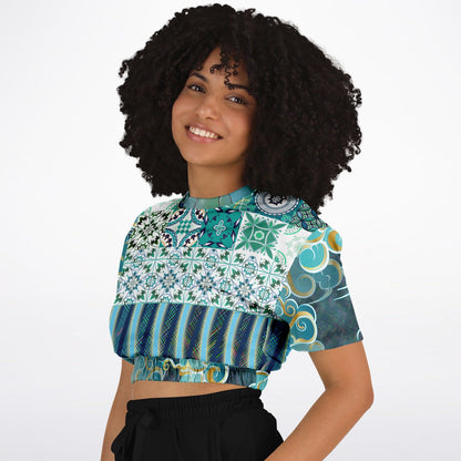 Green Meknes Mosaic Tile Eco-Poly Short Sleeve Cropped Sweater