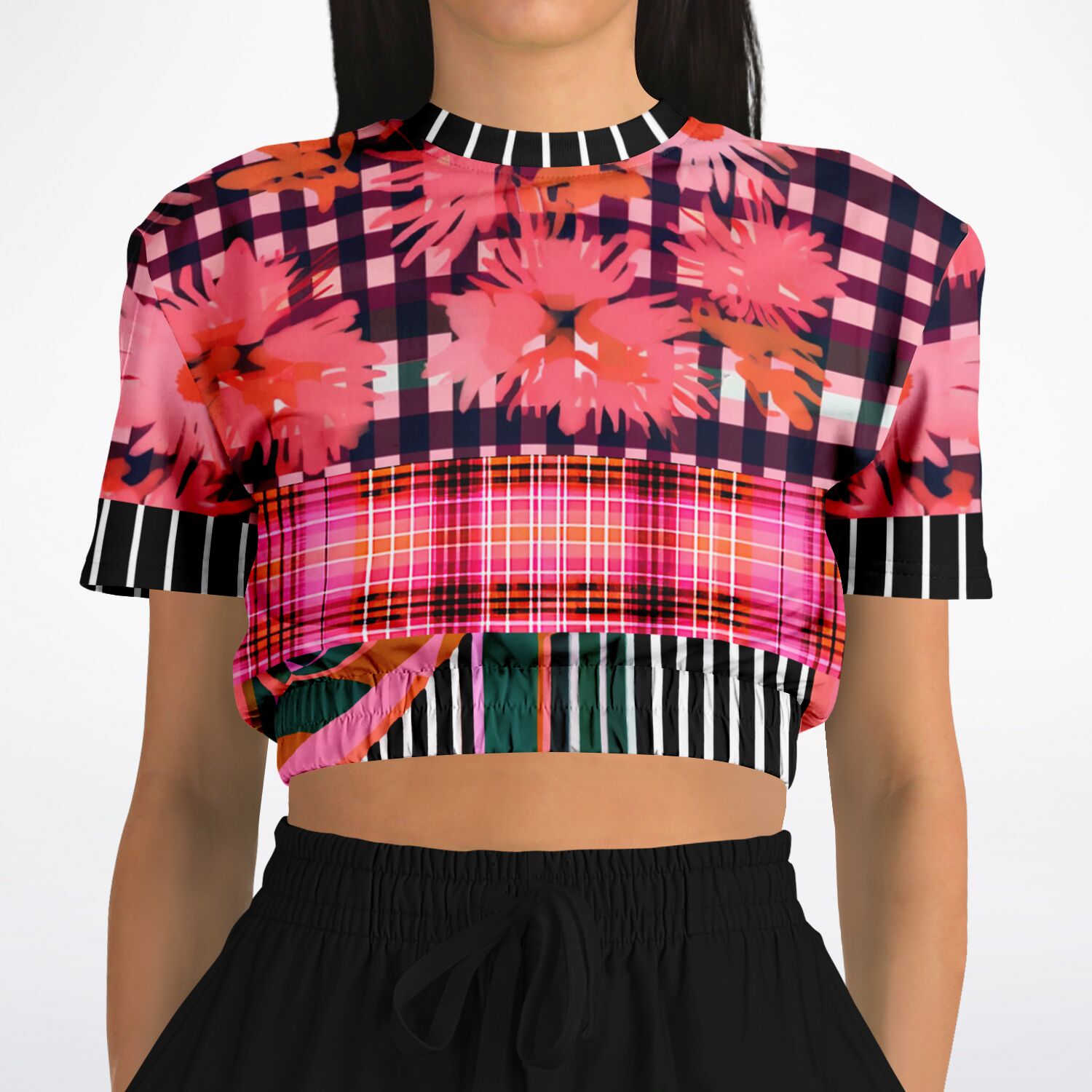 Pink Chrysanthemum Plaid Floral Eco-Poly Short Sleeve Cropped Sweater