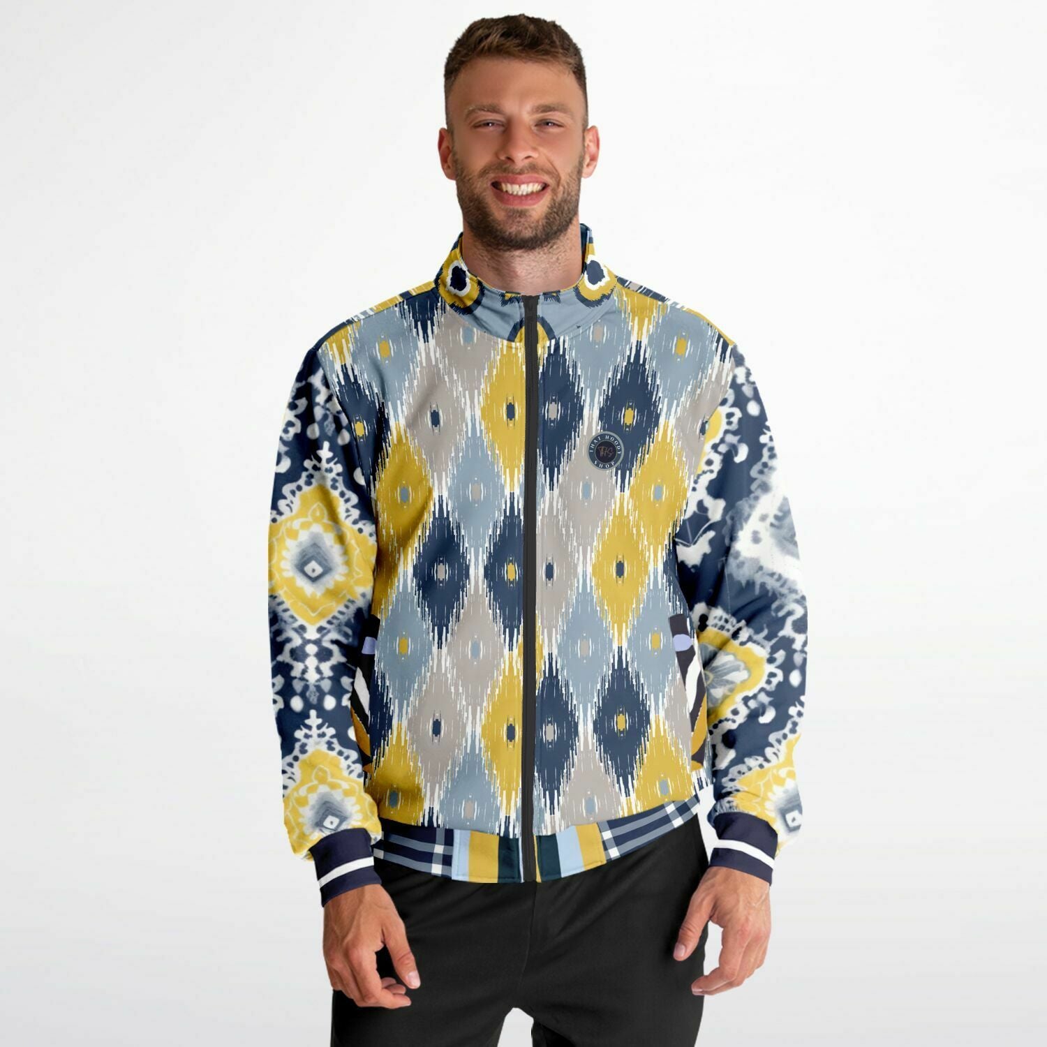 Chaqueta deportiva unisex de poliéster ecológico batik indio azul marino real y amarillo 