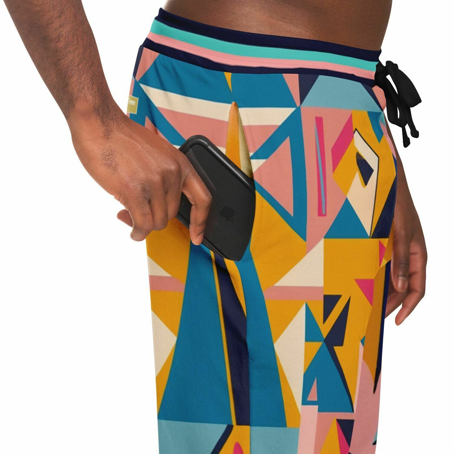 Joggers unisex de poliéster ecológico con estampado geométrico de cubismo rosa 