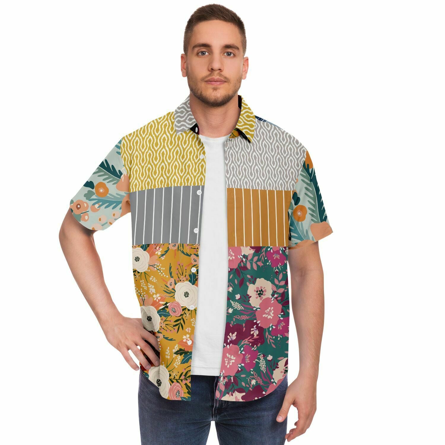 Tallulah Bankhead Floral Ikat Patchwork Short Sleeve Button Down Shirt copy