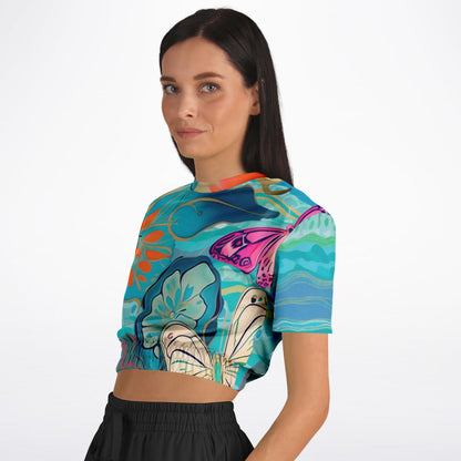 Bahamian Blue Waves Butterfly Eco-Poly Short Sleeve Cropped Sweatshirt