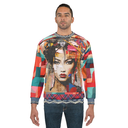 Girl in Exotic Collage Patchwork Mid-Weight Polyester Unisex Sweatshirt (Gold Label)