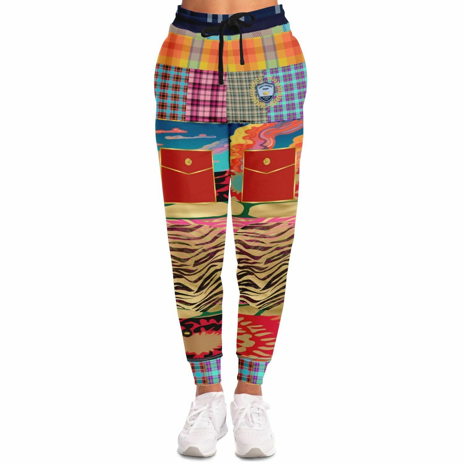 Walking the Runway Joggers unisex de eco-poliéster con patchwork de cebra