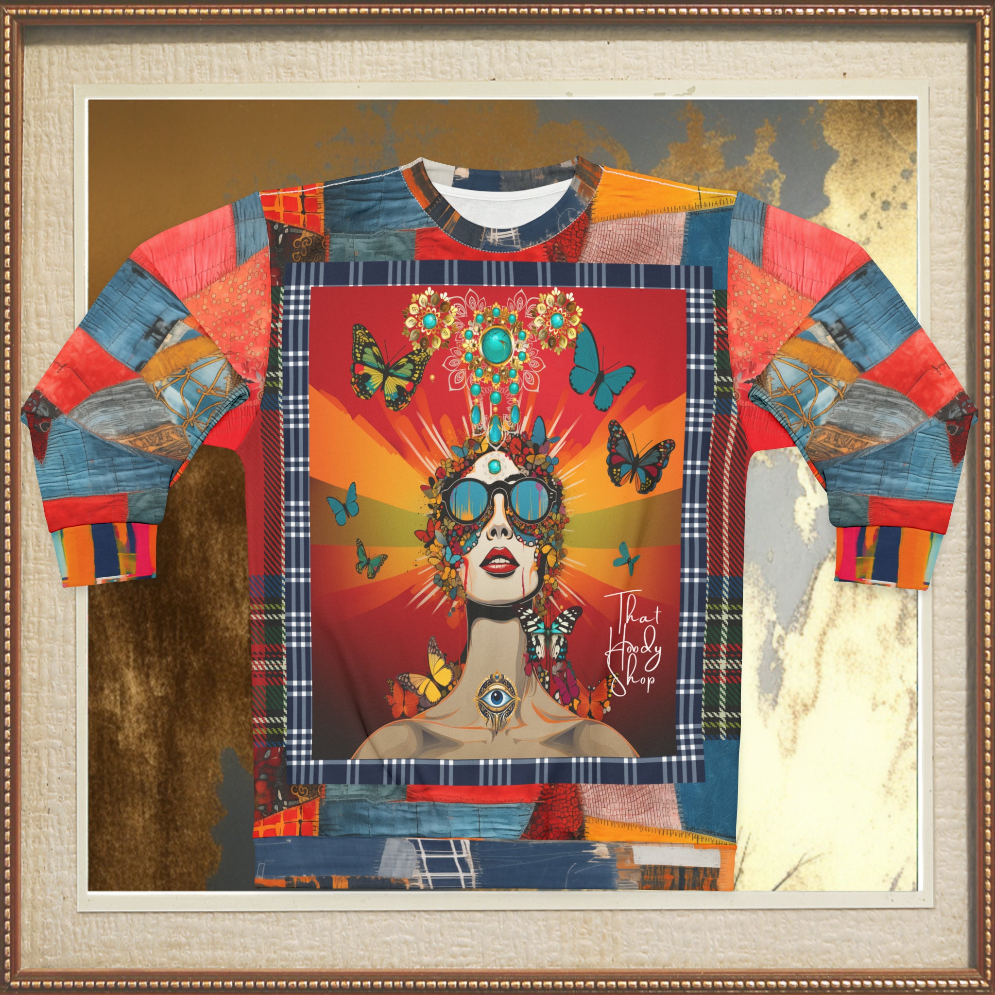 Sudadera unisex con estampado de patchwork de mezclilla Everything Looks Perfect