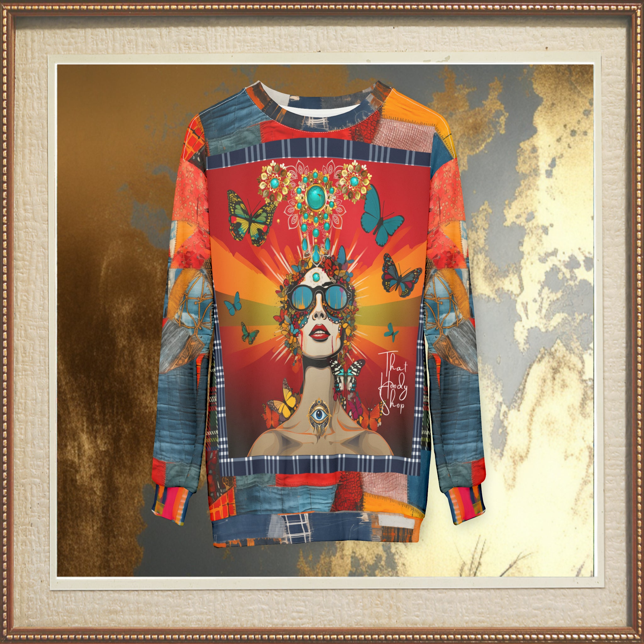 Everything Looks Perfect Denim Patchwork Print Unisex Sweatshirt (Gold Label)