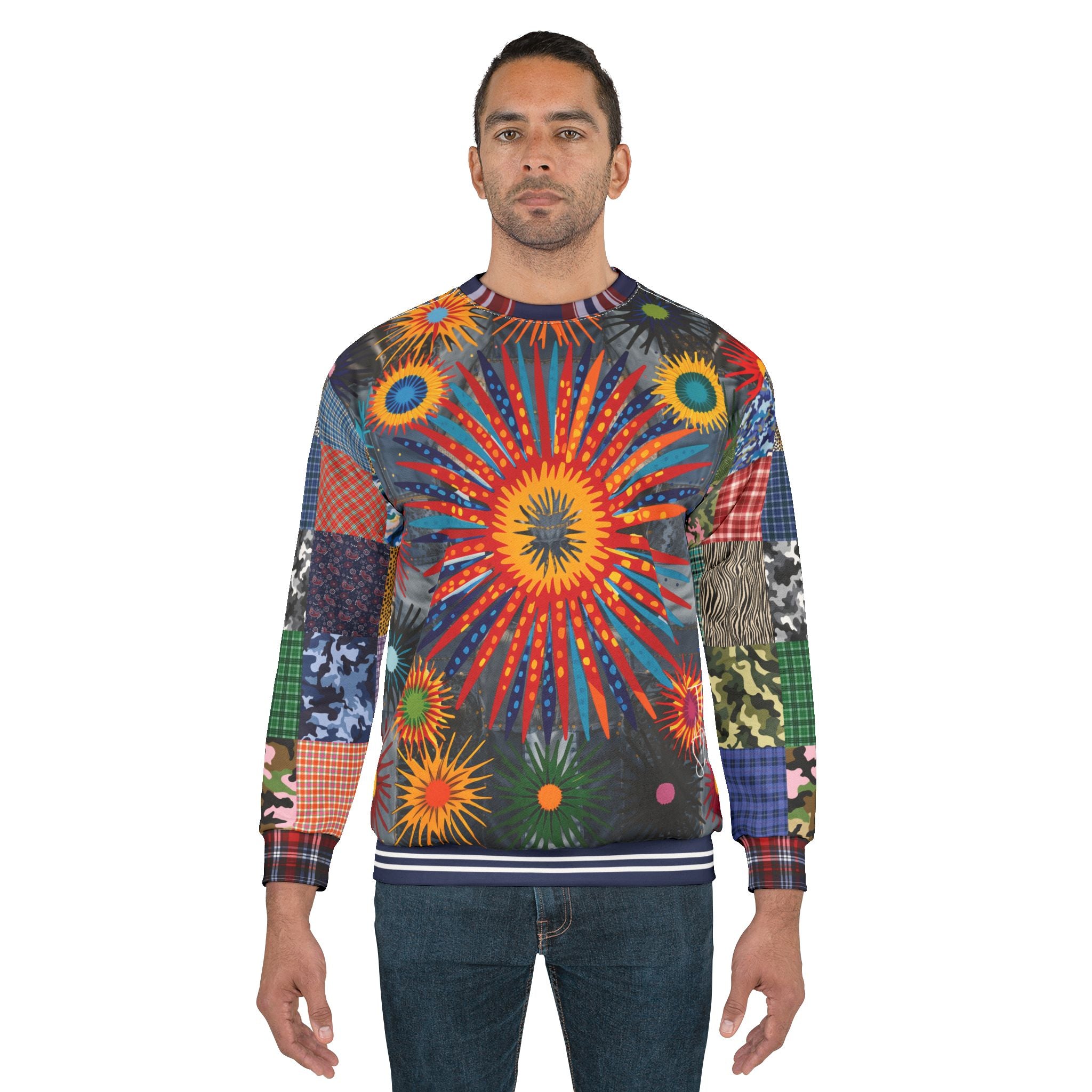 Hippie Sunburst in Denim Patchwork Unisex Sweatshirt (Gold Label)