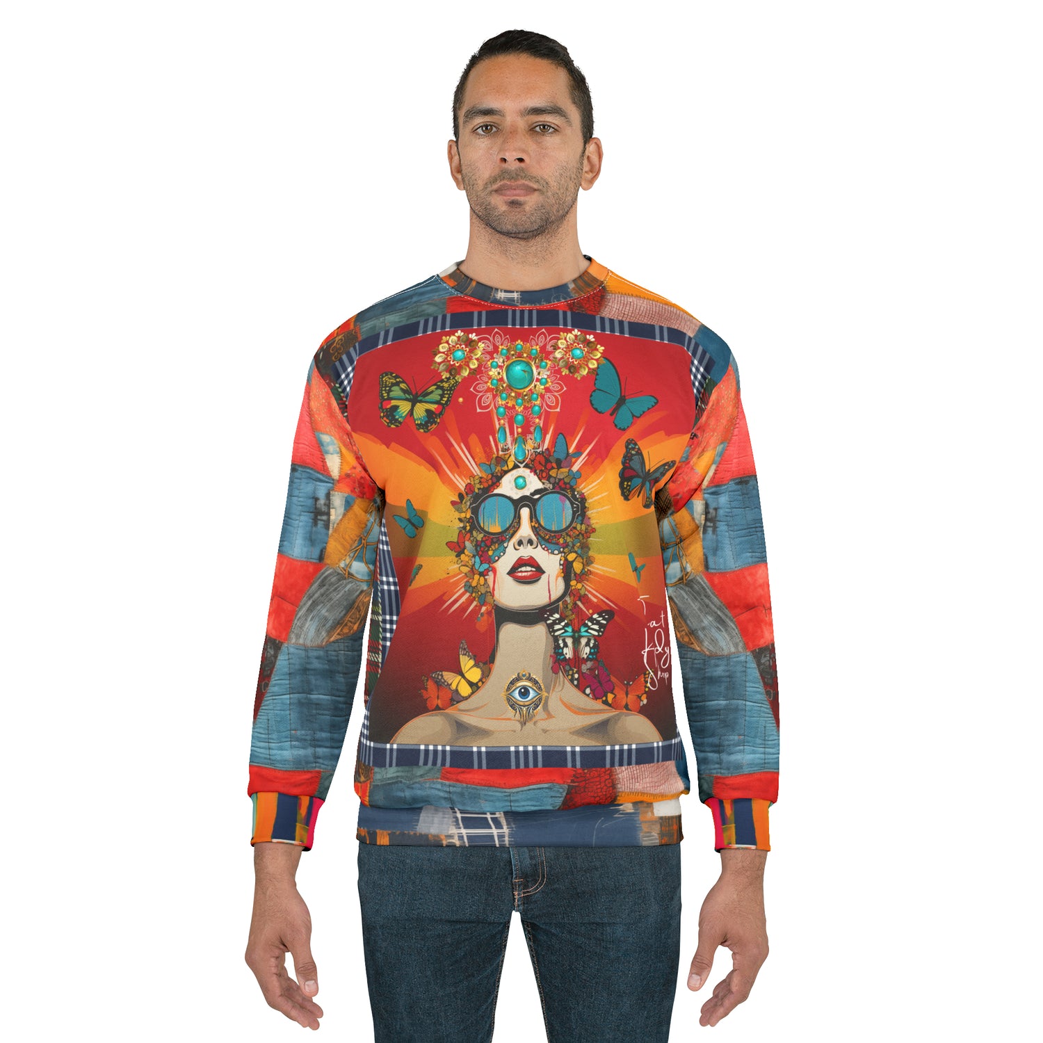 Everything Looks Perfect Denim Patchwork Print Unisex Sweatshirt (Gold Label)