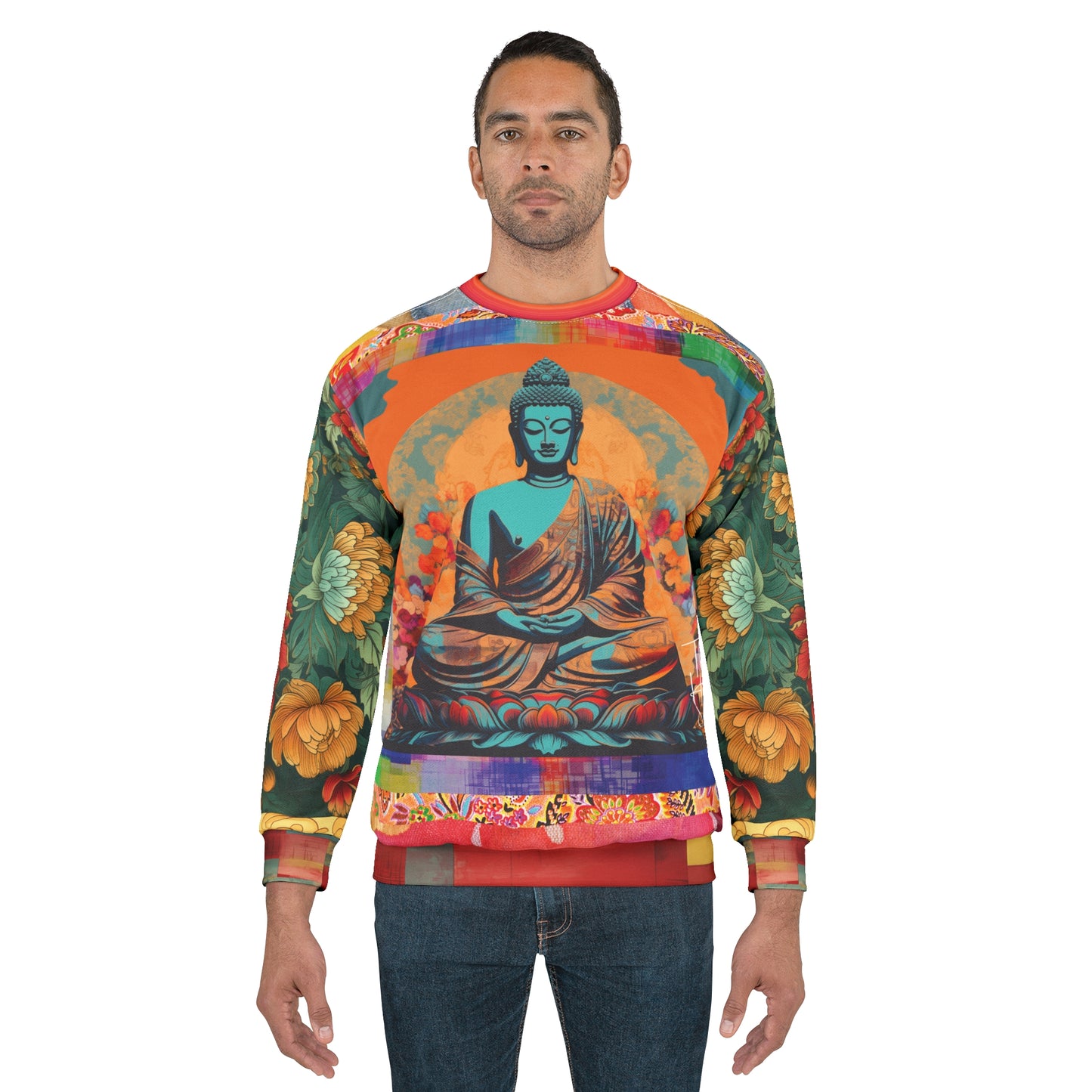 Buddha Nested in Flowers Patchwork Print Unisex Sweatshirt