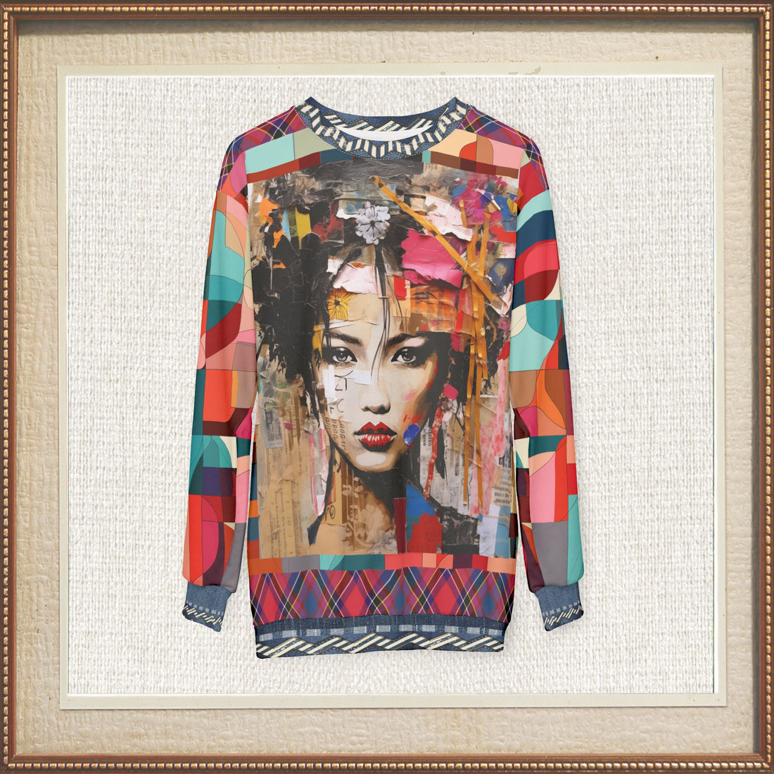 Girl in Exotic Collage Patchwork Mid-Weight Polyester Unisex Sweatshirt (Gold Label)