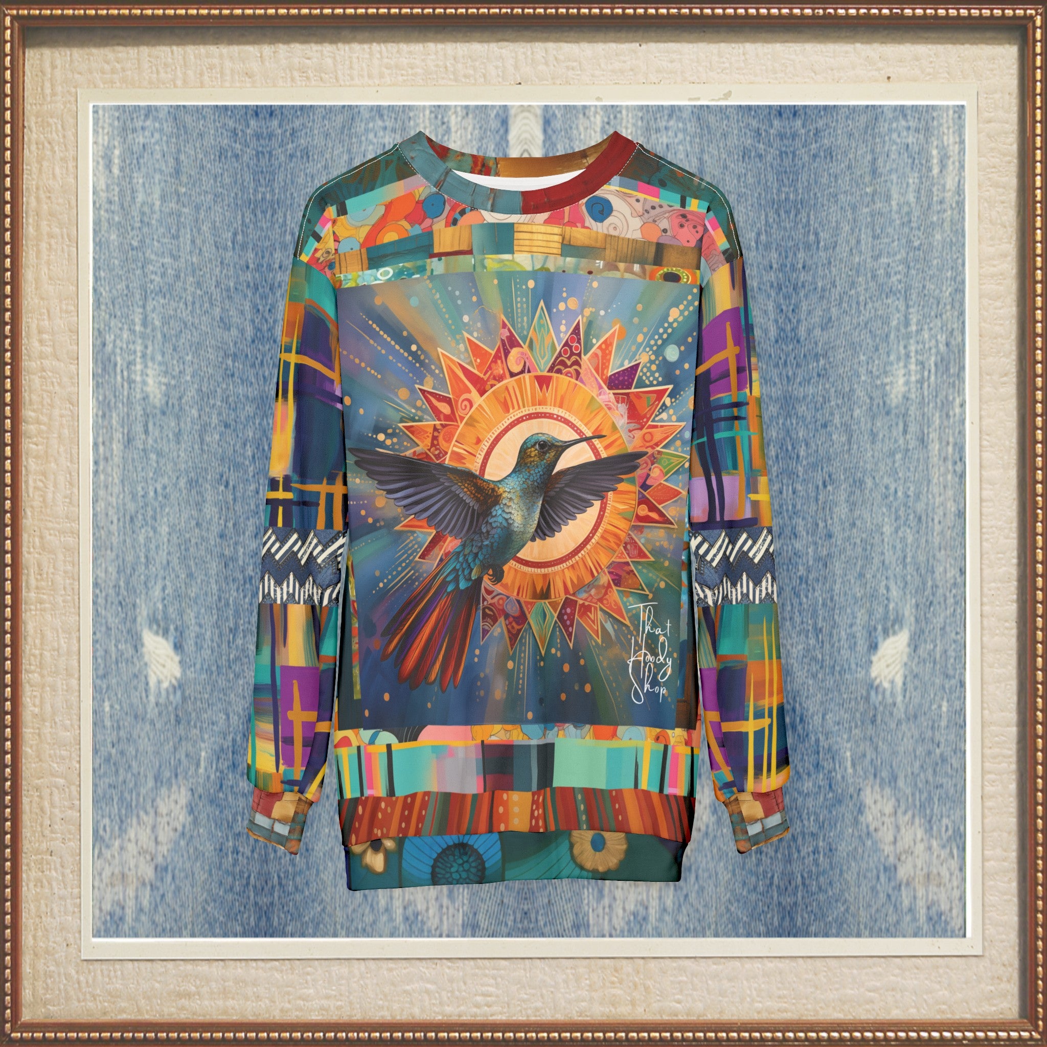 Hummingbird in Sunburst Skies Mid-Weight Polyester Unisex Sweatshirt (Gold Label)