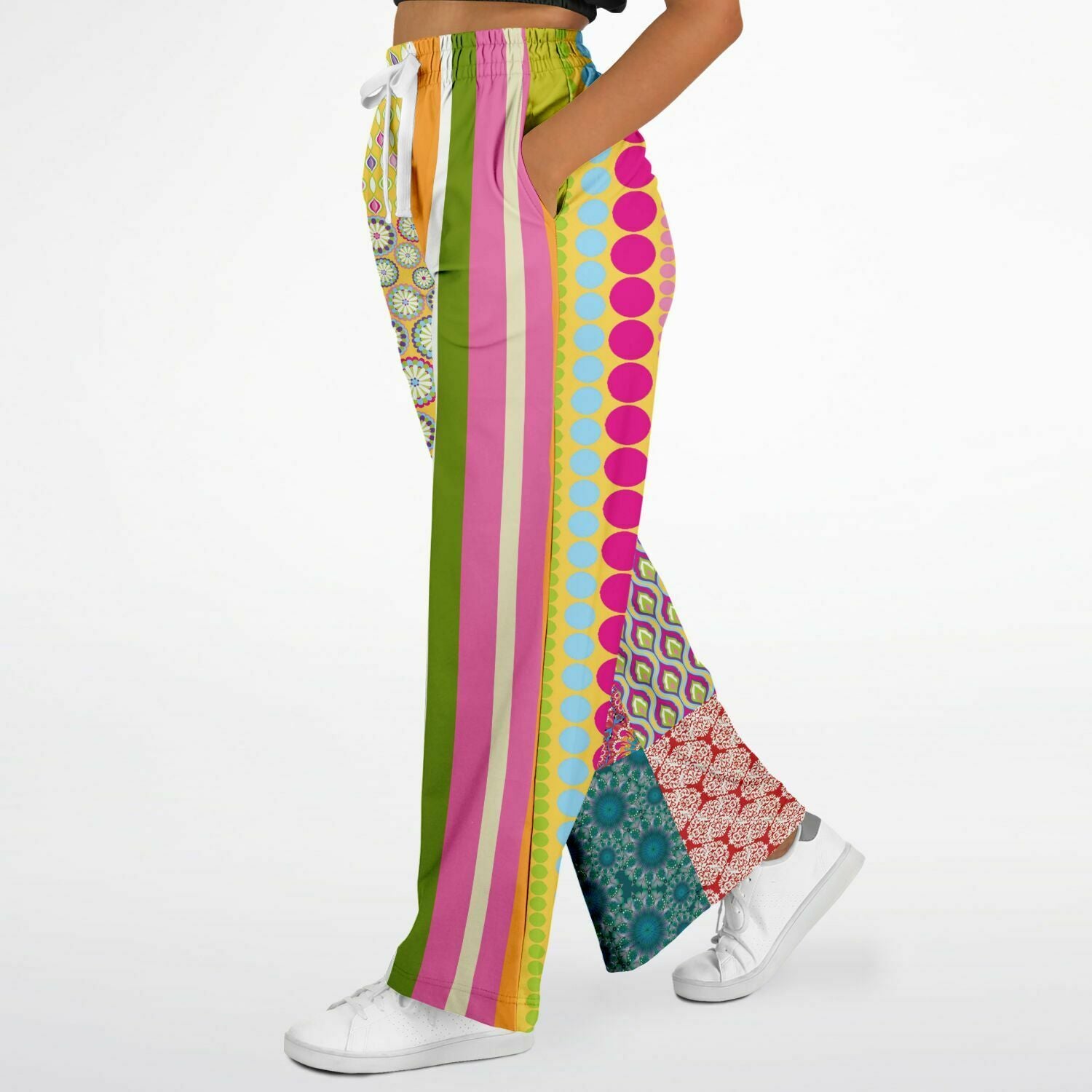 Hello Janis! Green Striped Patchwork Eco-Poly Wide Leg Pants