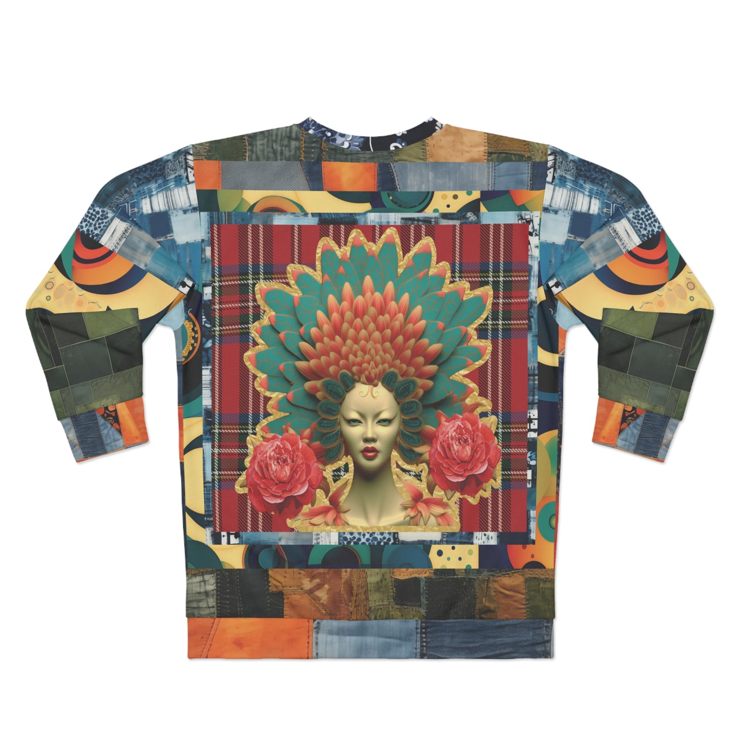 Kabuki Theater Girl Plaid Denim Patchwork Print Unisex Sweatshirt