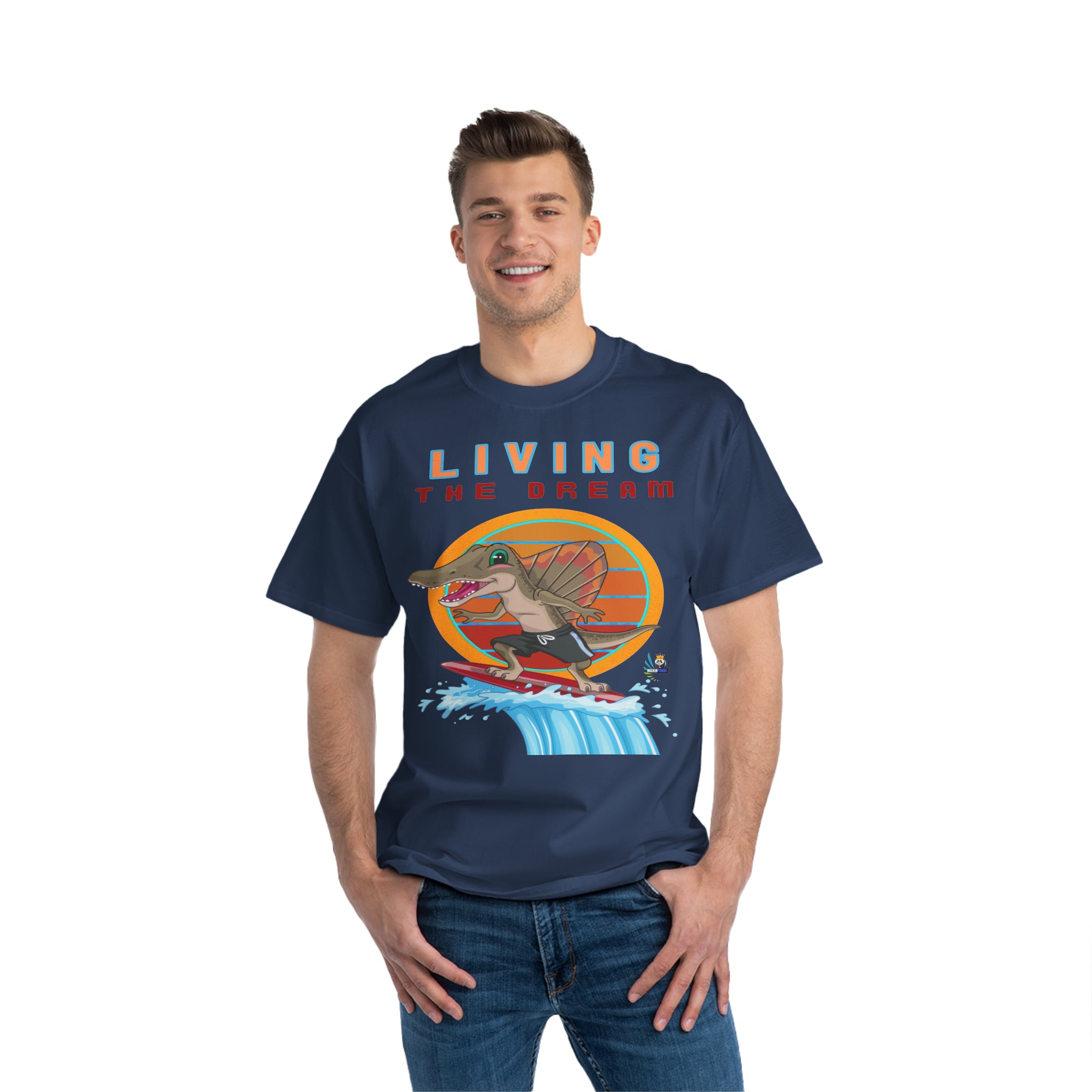 Living the Dream Dinosaur Surfer Unisex Heavyweight Tee