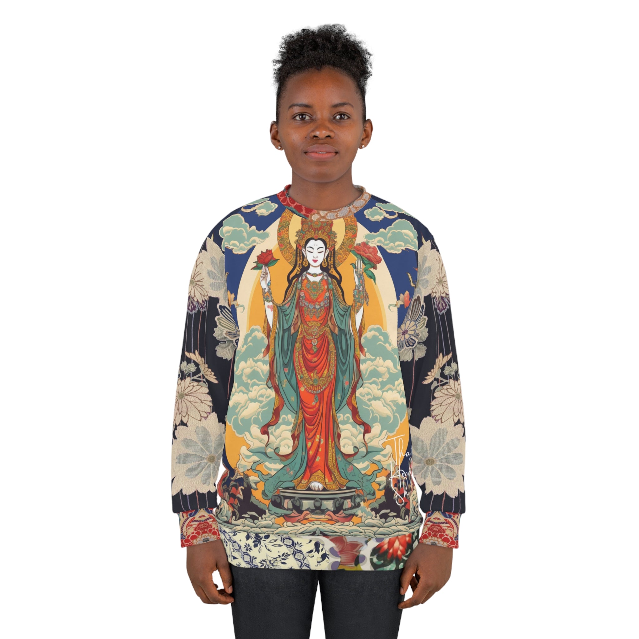 Guan Yin Compassion Goddess in Blue Unisex Sweatshirt (Gold Label)