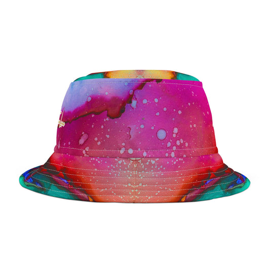 Colorful bucket hat with abstract design on a white background