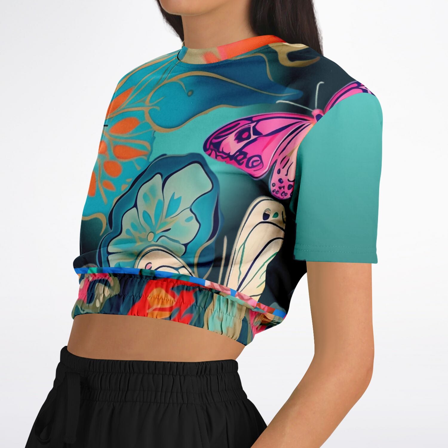 Midnight Butterfly Melody Eco-Poly Short Sleeve Cropped Sweater