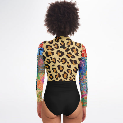 Sweet Clementine Leopard Batik Patchwork Long Sleeve Bodysuit