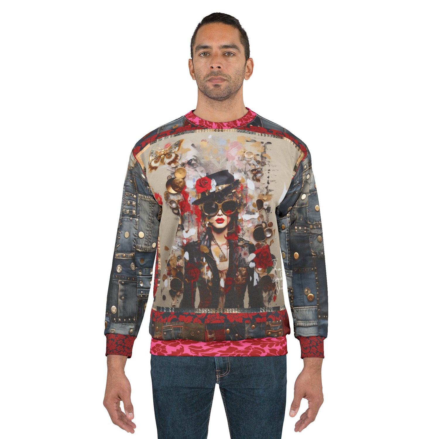 City Girl on Edge Steampunk Style Denim Patchwork Print Unisex Sweatshirt (Gold Label)