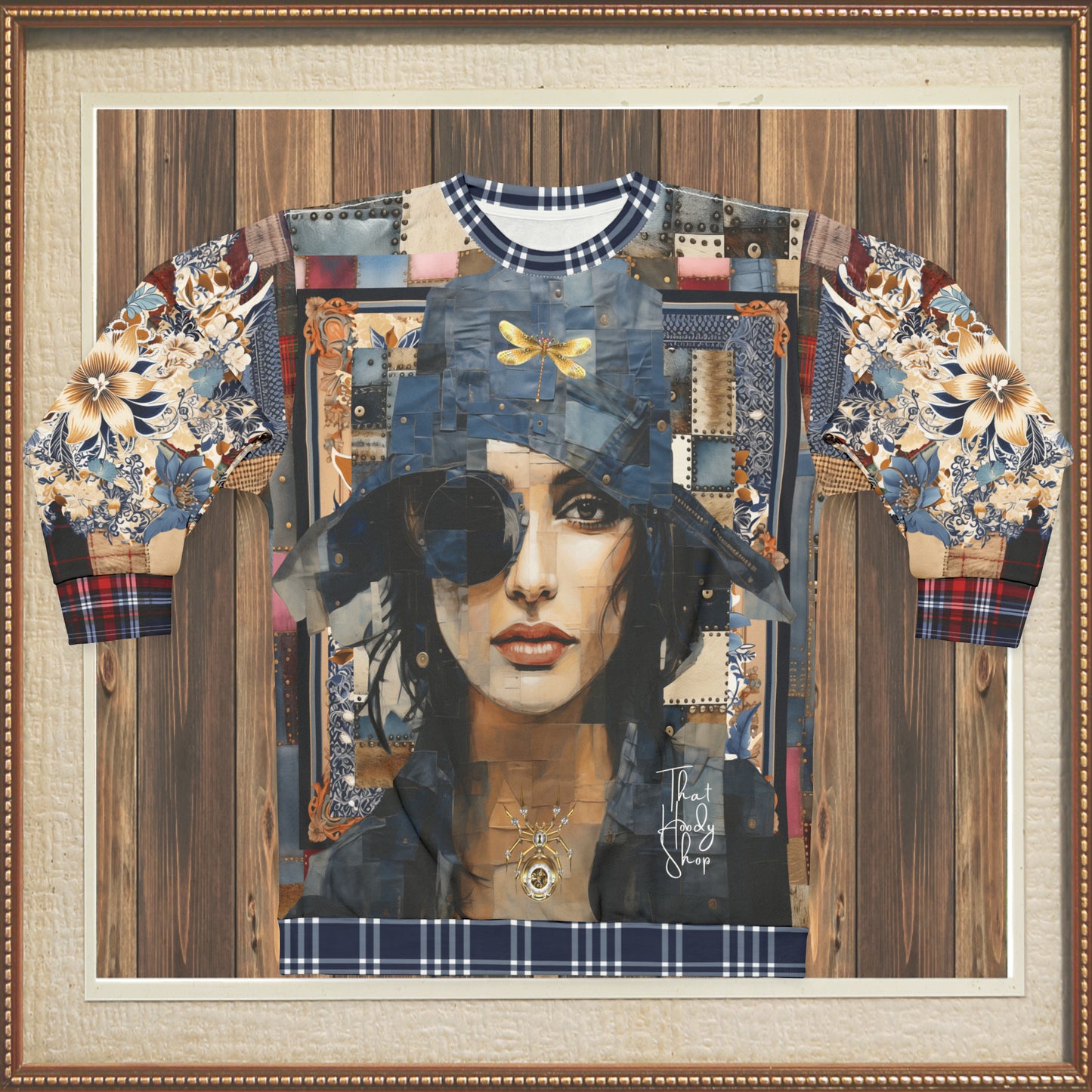 Raven Girl in Denim Chapeau Patchwork Print Unisex Sweatshirt