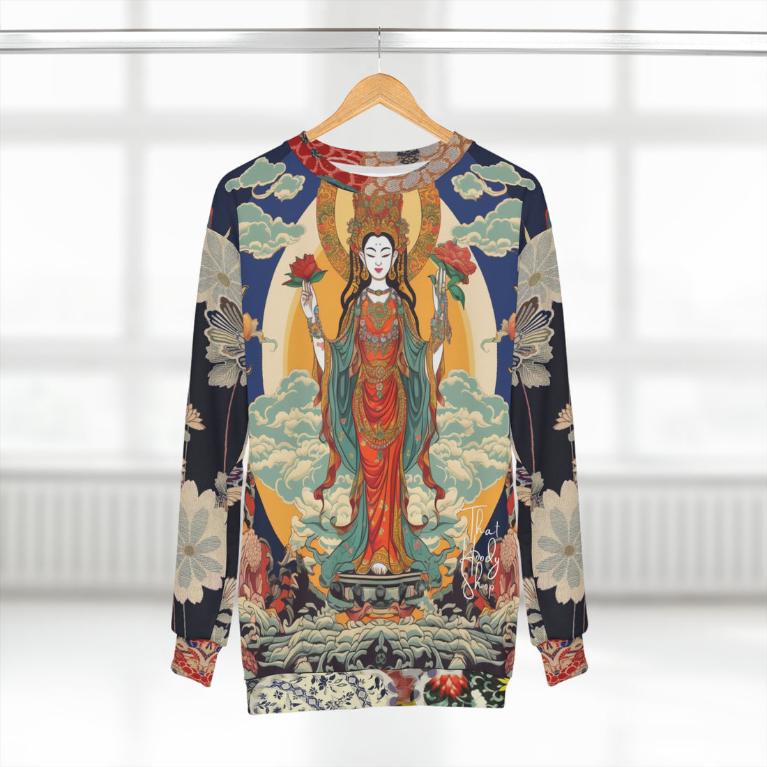 Diosa de la compasión Guan Yin en sudadera unisex azul