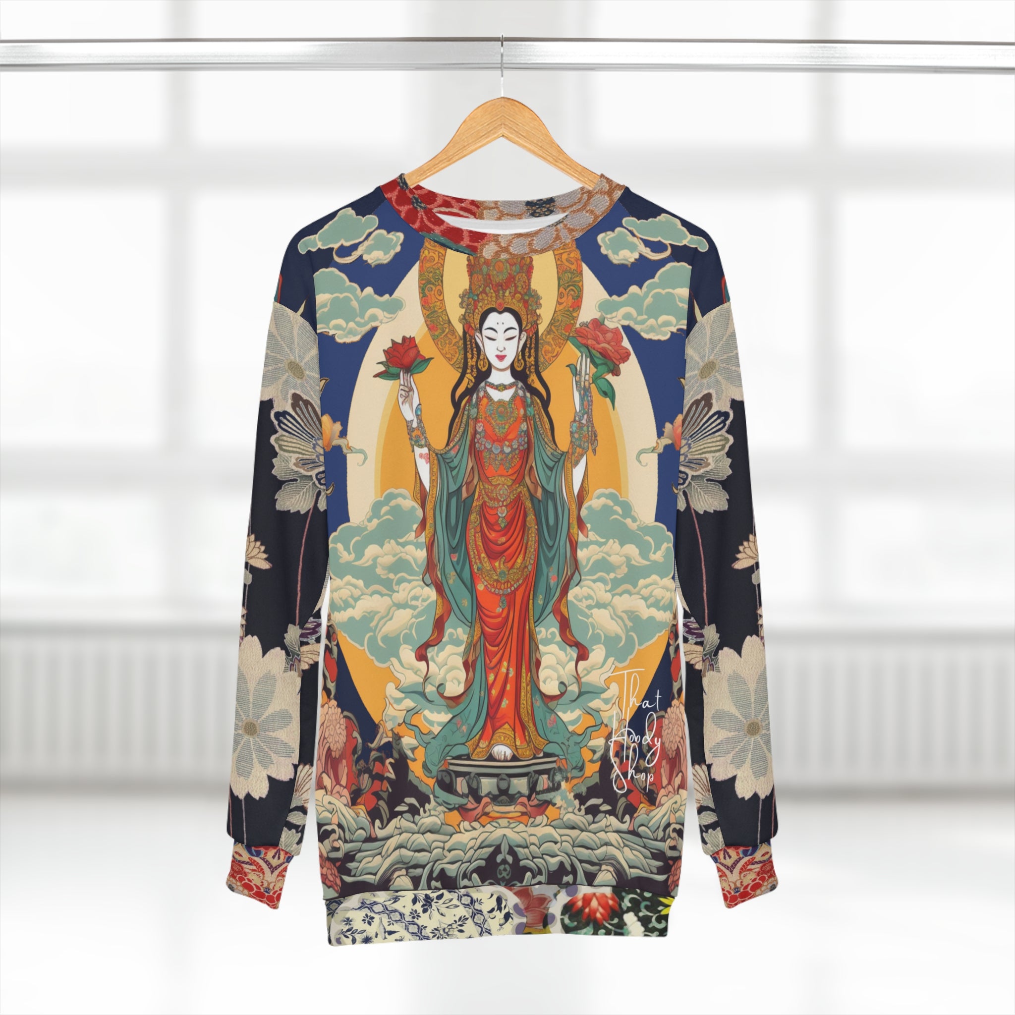 Guan Yin Compassion Goddess in Blue Unisex Sweatshirt (Gold Label)