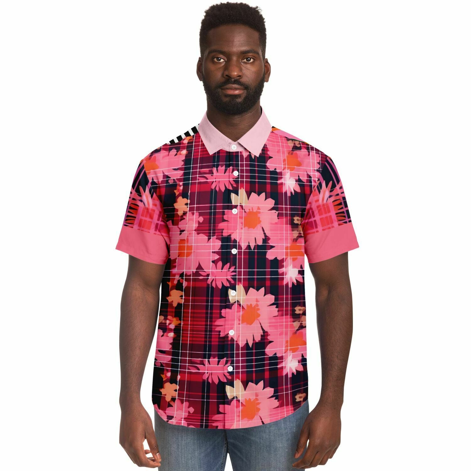 Camisa con botones de manga corta floral a cuadros de crisantemo rosa 