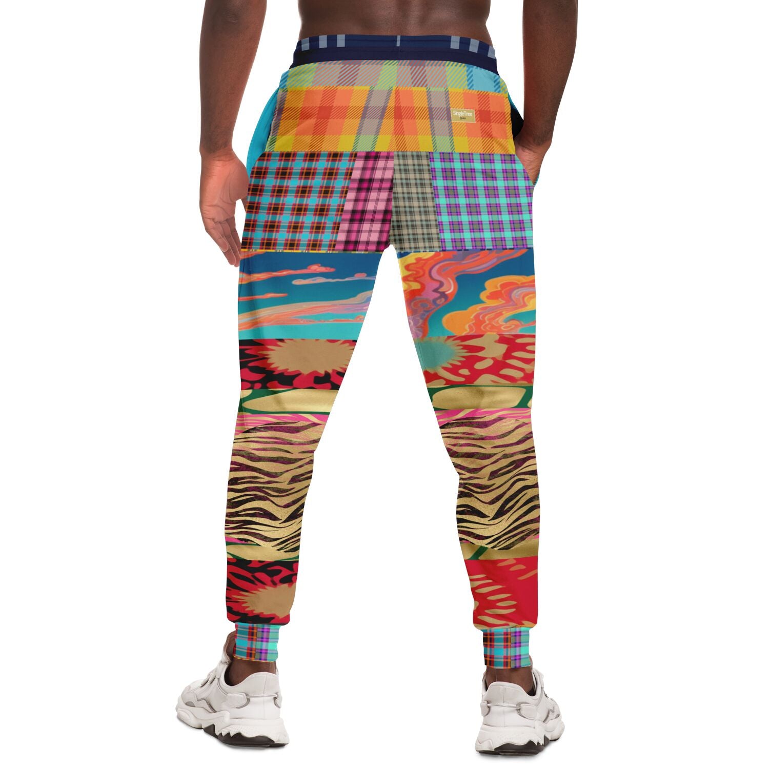 Walking the Runway Joggers unisex de eco-poliéster con patchwork de cebra