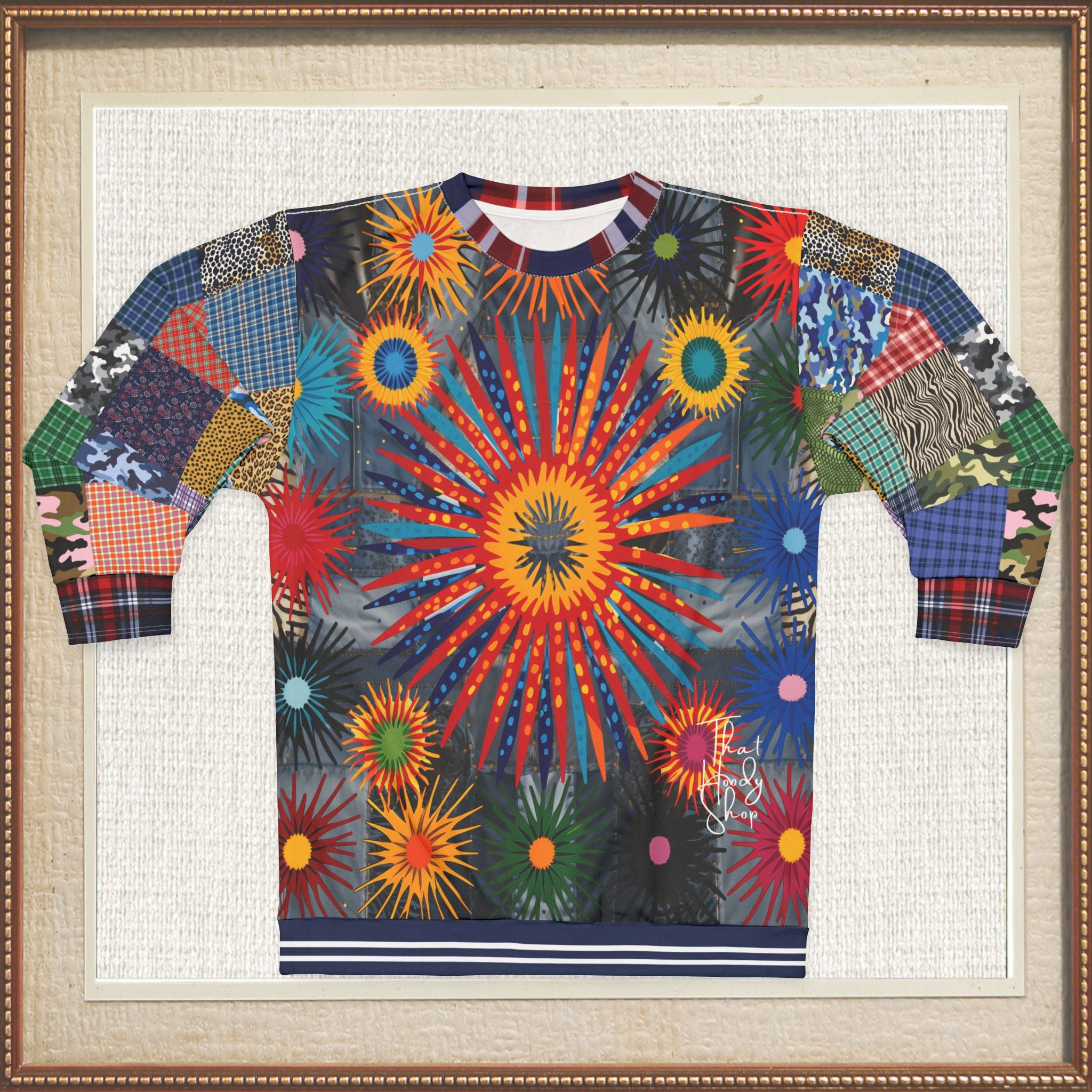 Hippie Sunburst in Denim Patchwork Unisex Sweatshirt (Gold Label)