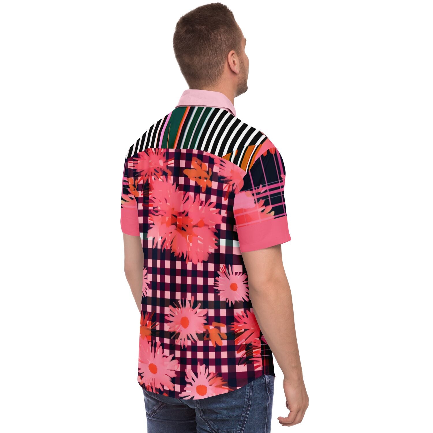 Camisa con botones de manga corta floral a cuadros de crisantemo rosa 