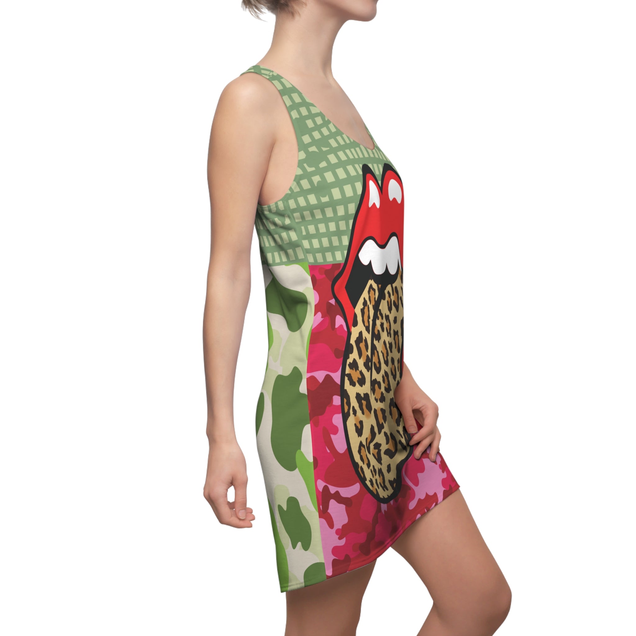 Green Apple Leopard Lips Camouflage Racerback Dress